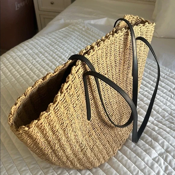 J. Crew Tan Woven Tote Bag with Black Straps - Picture 4 of 4